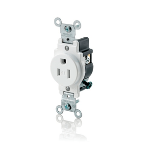 Leviton T5015-W Commercial Grade Narrow Body Tamper-Resistant Straight Blade Single Receptacle 15-Amp 125-Volt NEMA 5-15R White Plug Into Safety