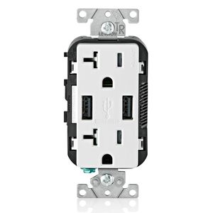 Leviton T5832-W Residential Grade Tamper-Resistant Combination Duplex Receptacle/Outlet And USB Charger 20-Amp 125-Volt NEMA 5-20R White Decora