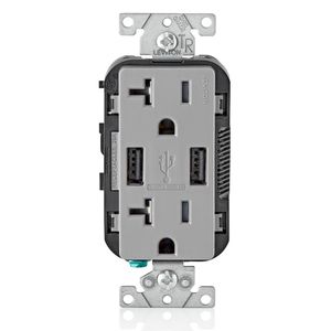 Leviton T5832-GY Residential Grade Tamper-Resistant Combination Duplex Receptacle/Outlet And USB Charger 20-Amp 125-Volt NEMA 5-20R Gray Decora