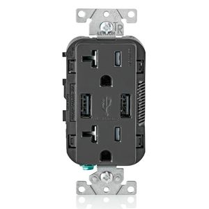 Leviton T5832-E Residential Grade Tamper-Resistant Combination Duplex Receptacle/Outlet And USB Charger 20-Amp 125-Volt NEMA 5-20R Black Decora