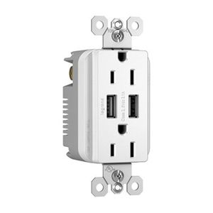 Pass & Seymour TM826USBW Tamper-Resistant Decorator USB Charger With Duplex Receptacle 15-Amp 125-Volt NEMA 5-15R White Radiant&reg;