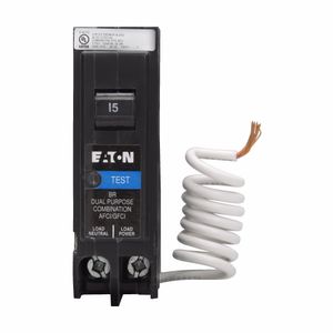 Eaton BRN115DF Plug-On Mount Type BR Dual Function Arc Fault/Ground Fault Circuit Breaker 1-Pole 15-Amp 120-Volt AC Pigtail Neutral Terminal