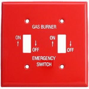 Mulberry 41021 Flush Mount Standard Size GFCI Isolated Ground 2-Gang Toggle Switch Box Gas Burner Plate 2-Switch Red With Silk Screened White Letters