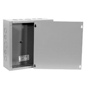 Steel electrical junction box enclosure for circuit protection and commercial power distribution systems.