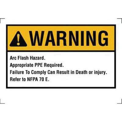 Arc flash warning label for electrical safety compliance and NFPA 70E hazard communication.