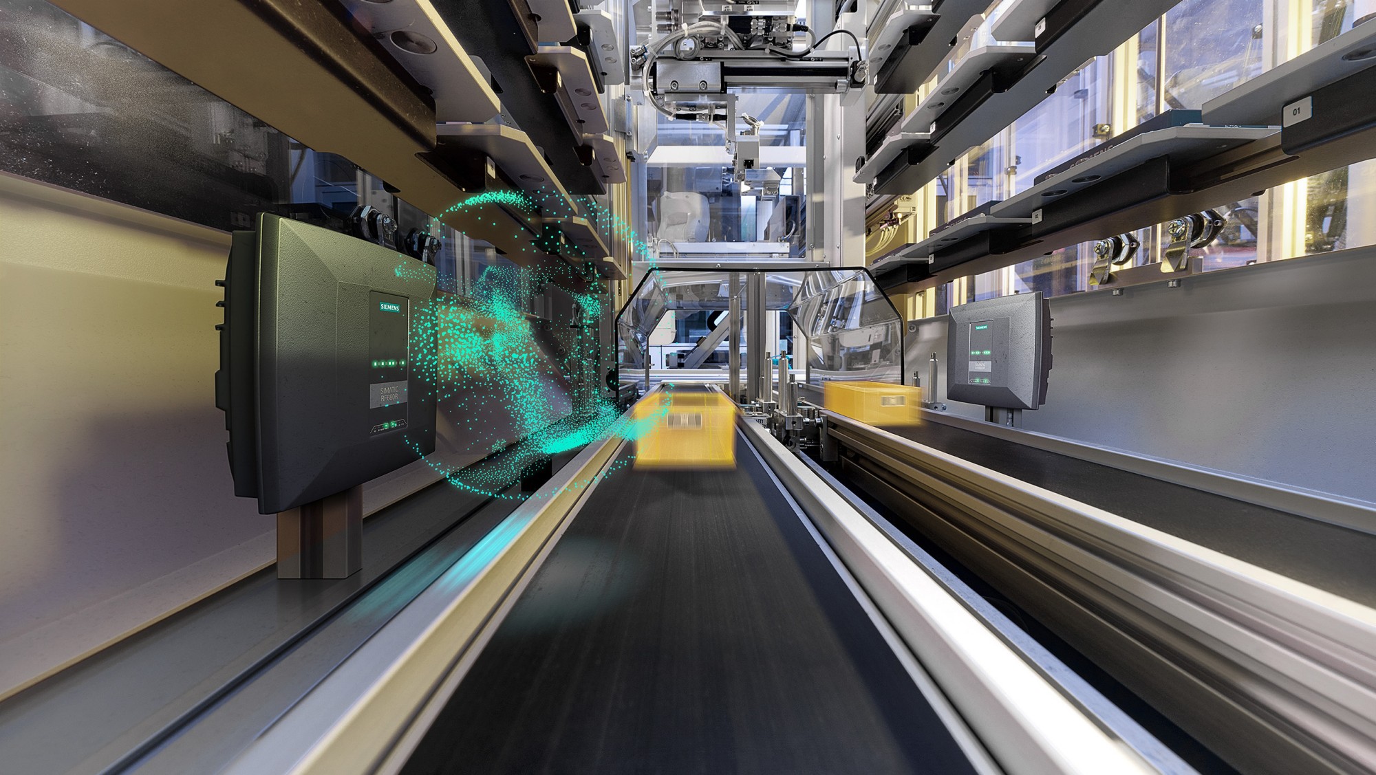 Automated conveyor system with Siemens industrial controls and RFID technology for smart manufacturing and real-time data tracking.