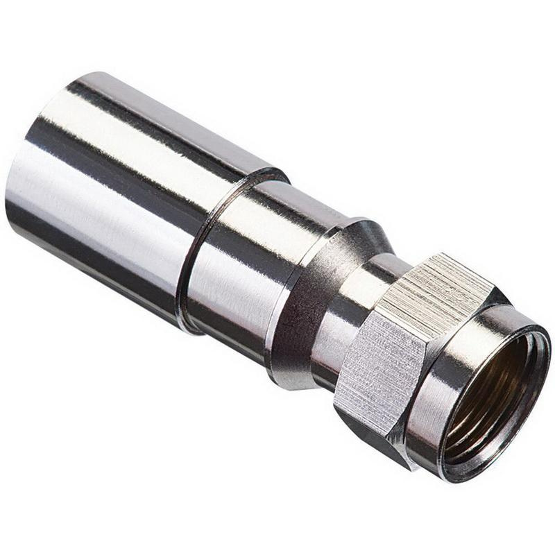 F-type coaxial compression connector for datacom cable termination and RF signal transmission.